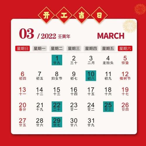 2022年3月开工吉日一览表 22年3月开工吉日